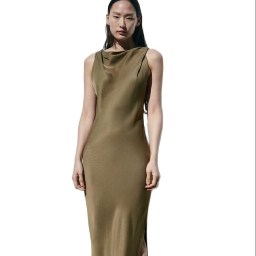 ZARA SATIN MIDI DRESS SIZE L  LIGHT KHAKI | 2854/934